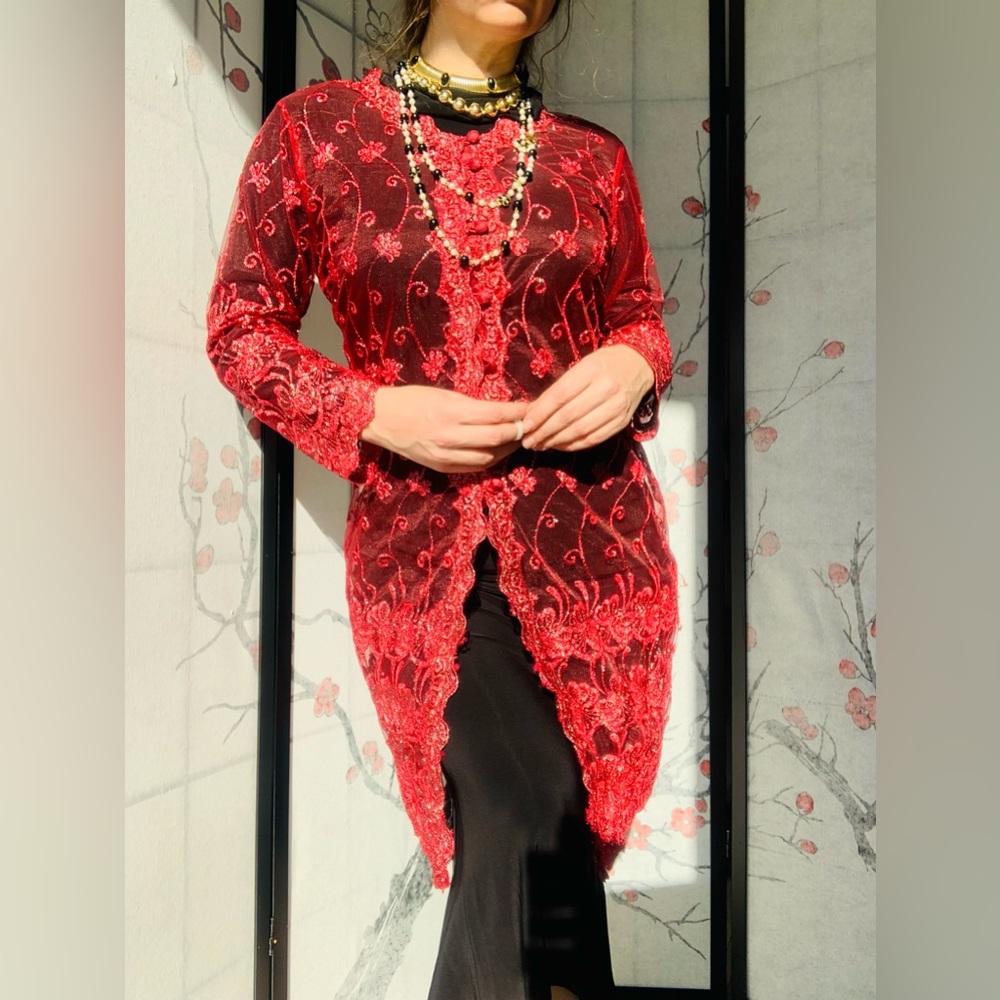 Anthropologie Metallic Mesh Mermaidcore Indie INDIAN Tribal Core Red Kurta Kurti